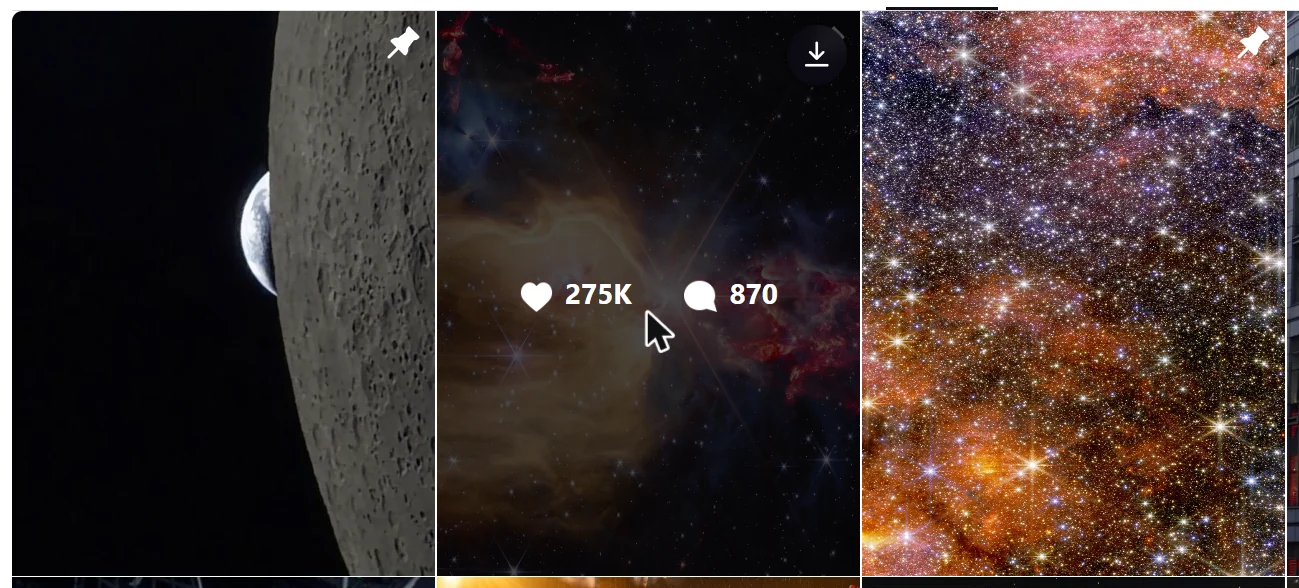 A download button on a hovered thumbnail in an Instagram profile grid