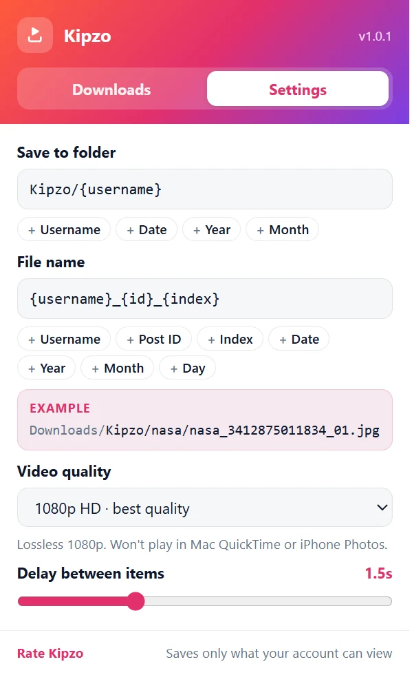 Kipzo's settings: folder and file name patterns, video quality and delay