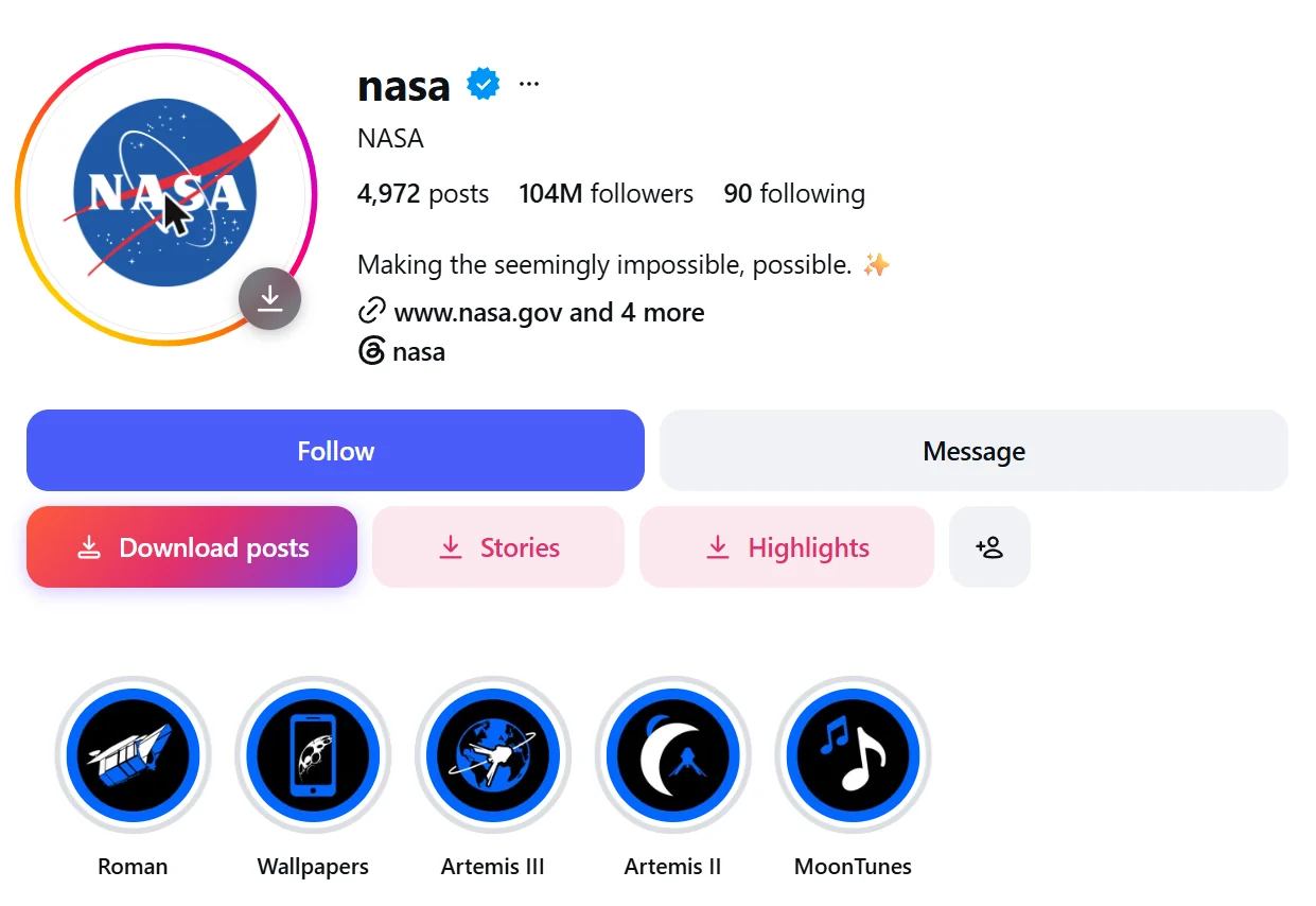 Kipzo's "Download posts", "Stories" and "Highlights" buttons under NASA's Instagram profile