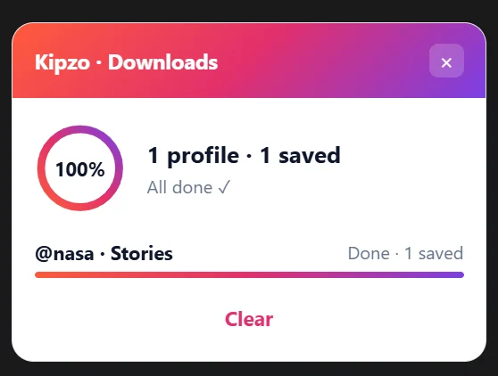 Kipzo's download panel showing a finished job