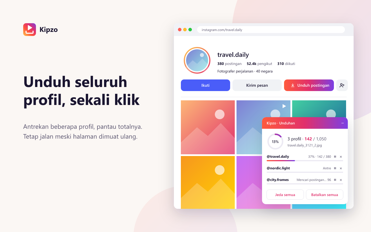 Kipzo mengunduh beberapa profil Instagram sekaligus